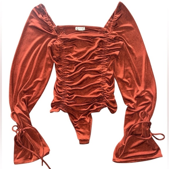 NWT Free People Meant to Be Bodysuit Cherry Chai Ruched Tie Rust Square Fall S - Picture 7 of 12